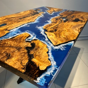 Custom live edge epoxy table, olive wood dining table, blue resin table