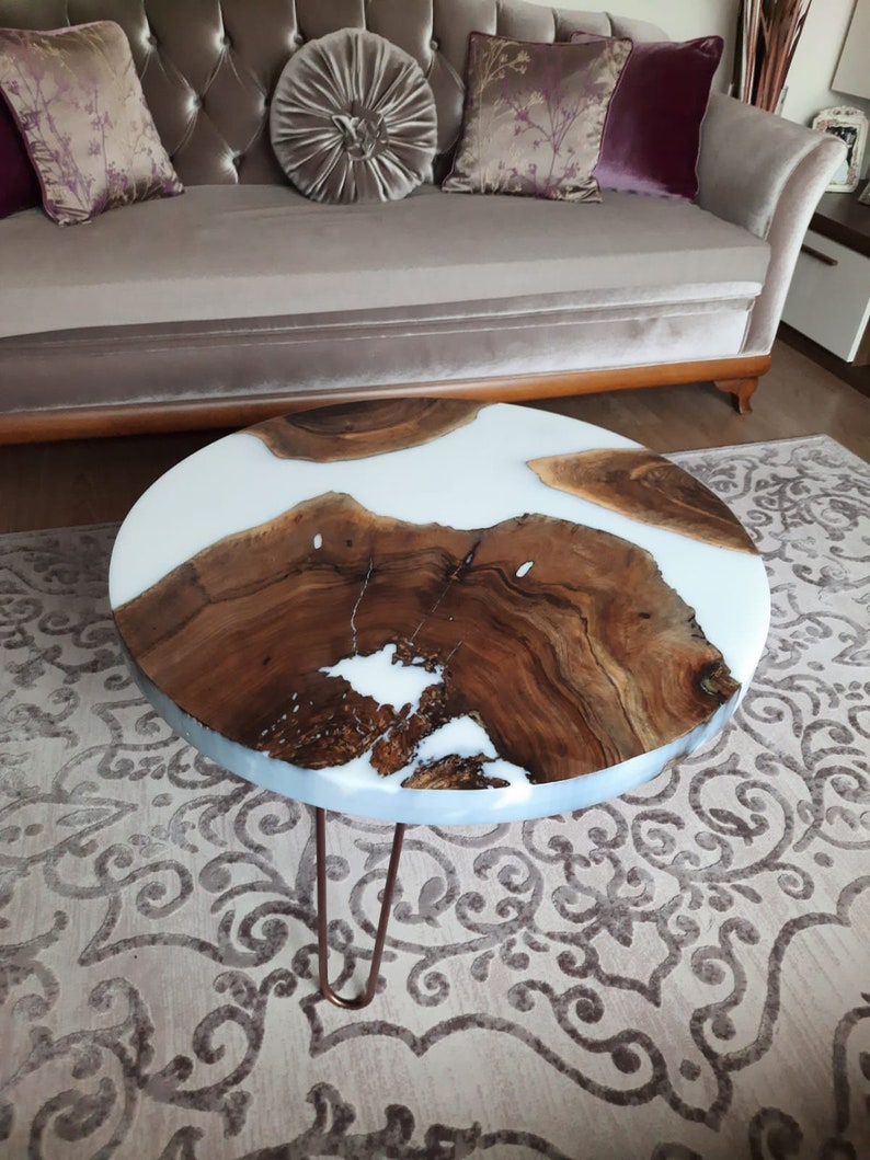Epoxy Coffee Table Made with White Resin, Blue Wave Epoxy Table