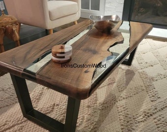 Custom Walnut Wood Epoxy River Coffee Table: Live Edge Resin Table