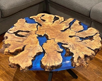 Round Olive Wood Coffee Table: Epoxy Resin Burl Live Edge Slab