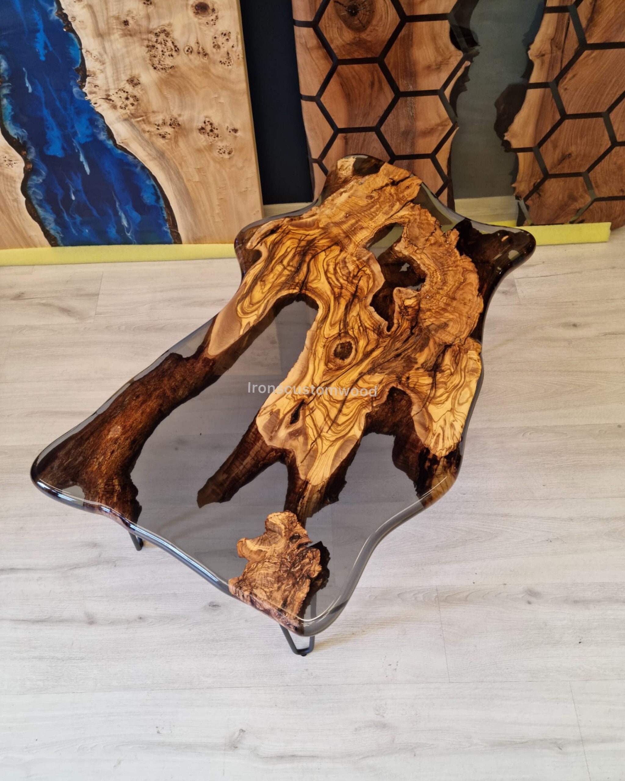 Smoke Epoxy Resin Coffee Table: Live Edge Olive Wood Side Table