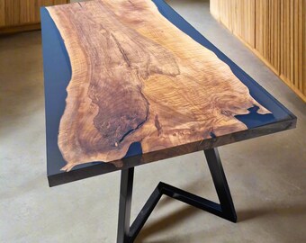 Live Edge Walnut Dining Table: Black Epoxy Resin, Custom Wood Table