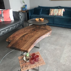 Custom Walnut Live Edge Coffee Table: Rustic Wood Slab, Metal Legs