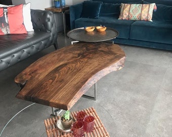 Custom Walnut Live Edge Coffee Table: Rustic Wood Slab, Metal Legs