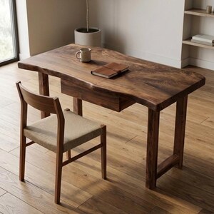 May include: A wooden desk with a natural edge and a built-in drawer. A matching chair with a woven seat is positioned beside the desk. A mug and a notebook are on the desk. The desk is approximately 152 cm long.
