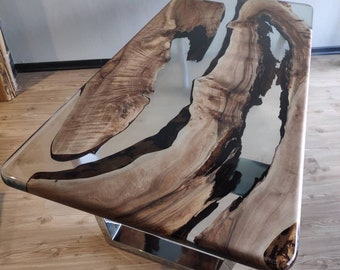 Custom Walnut Live Edge Coffee Table: Clear Epoxy Resin River