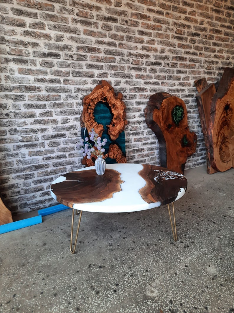 Epoxy Coffee Table Made with White Resin, Blue Wave Epoxy Table