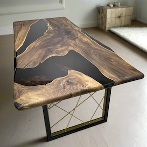 Black Epoxy Dining Table, Live Edge Walnut Table, Custom Epoxy Resin River Table