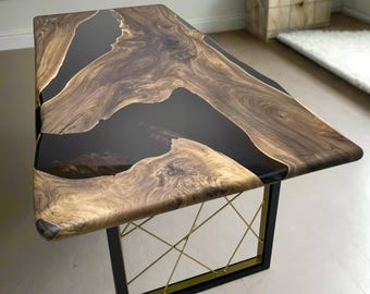 Live Edge Walnut Dining Table: Black Epoxy Resin River Table