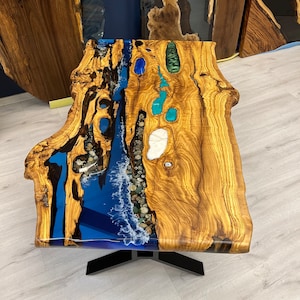 Live Edge Epoxy Resin Dining Table, Epoxy Olive Table for Your Rustic Modern Home