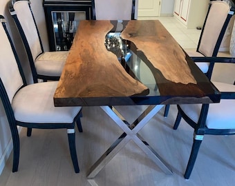 Custom Walnut River Dining Table: Clear Epoxy Resin, Handmade
