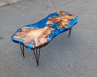 Custom Ocean Blue Epoxy Coffee Table: Live Edge Olive Wood River Table