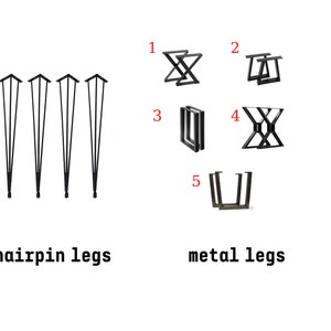 May include: An image showcasing various metal table legs. The image is divided into two sections: "hairpin legs" and "metal legs." The "hairpin legs" section displays four black hairpin legs. The "metal legs" section presents five different designs of black metal legs, numbered 1 through 5.