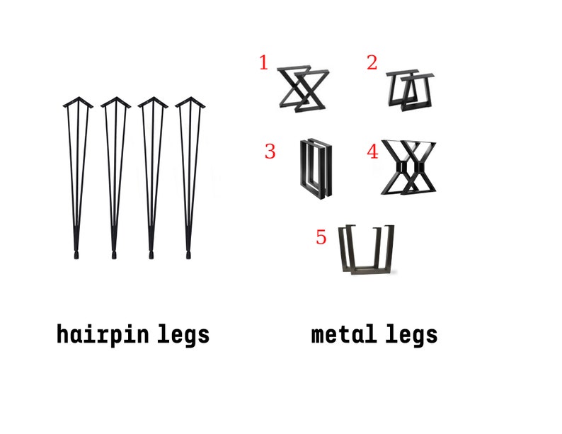May include: An image showcasing various metal table legs. The image is divided into two sections: "hairpin legs" and "metal legs." The "hairpin legs" section displays four black hairpin legs. The "metal legs" section presents five different designs of black metal legs, numbered 1 through 5.