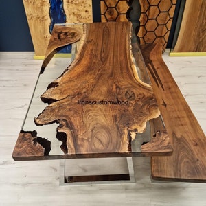 Clear Epoxy Resin Table, Walnut Dining Table and Bench, Custom Resin River Table, Live edge Wood Table