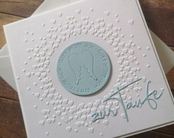 Baptism greeting card "God bless you" Angel wings in chalk white and light blue, baptism card customizable