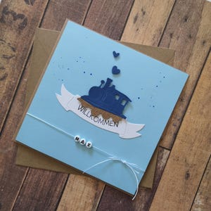 Karte zur Geburt, Babykarte in Kraft und Blau mit Lok, personalisierbar