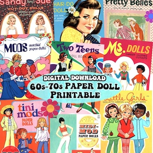 Set di 9 bambole di carta stampabili in formato PDF per bambini, download digitale anni '60 e '70