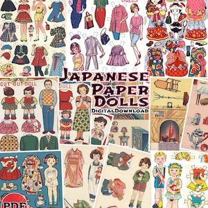 Op de afbeelding: Een digitale download van vintage Japanse papieren poppen. De poppen zijn gekleed in traditionele kleding en bevatten accessoires. De afbeelding bevat ook een open haard en andere decoratieve elementen.