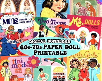 Paper Dolls Printable 1960s Mod Instant Digital Download Image