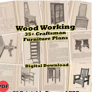 May include: A collage of vintage illustrations for 35+ Craftsman furniture plans. The plans include a variety of furniture pieces, such as chairs, tables, and a porch swing. The text "Wood Working 35+ Craftsman Furniture Plans" is in bold yellow letters. The text "Digital Download" is in white letters on a black background. The text "72 Printable Pages - 4 PDF" is in white letters on a black background.