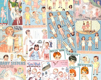 May include: A collage of vintage paper dolls and related ephemera. The image includes illustrations of babies, children, and figures in various outfits. Text includes "Baby Dolls", "Miss America", and "Baby Sisters".