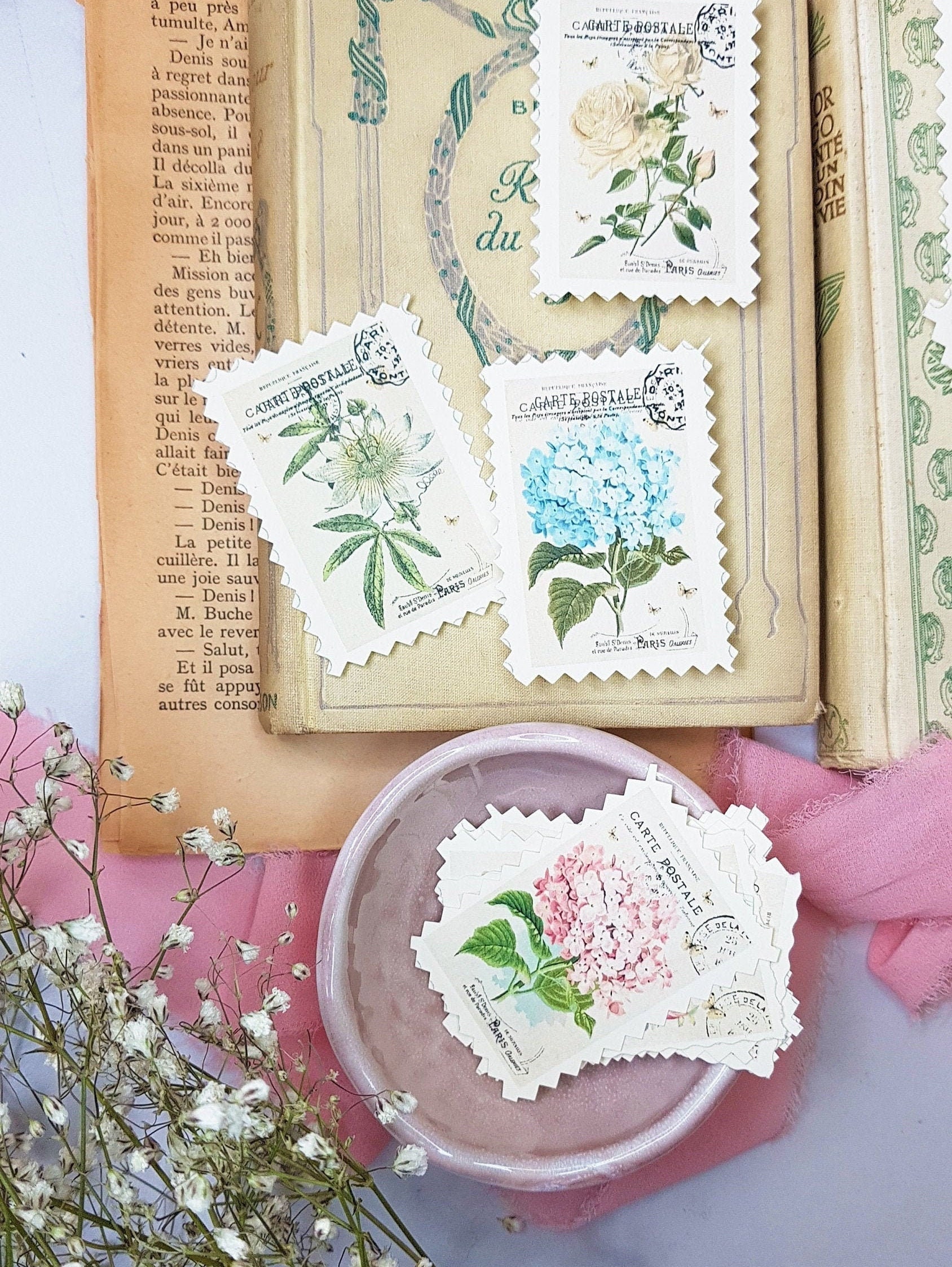 VINTAGE DECORATIVE FRENCH Faux Postage Stamps Floral Faux Stamps Stamps  Handmade Vintage Botanical From France Wedding Detail Photos 