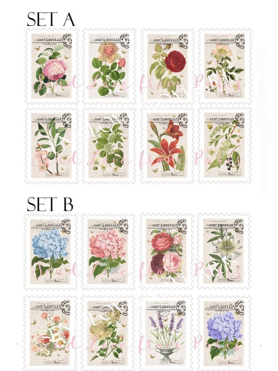 VINTAGE DECORATIVE FRENCH Faux Postage Stamps Floral Faux Stamps