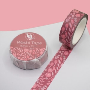 Dark Pink Floral Washi Tape | Botanical Floral Decorative Paper 15mm Tape