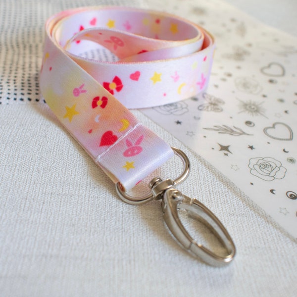 Anime Lanyard | Kawaii Cute Japanese Pink Fabric Lanyard with Lobster Clasp