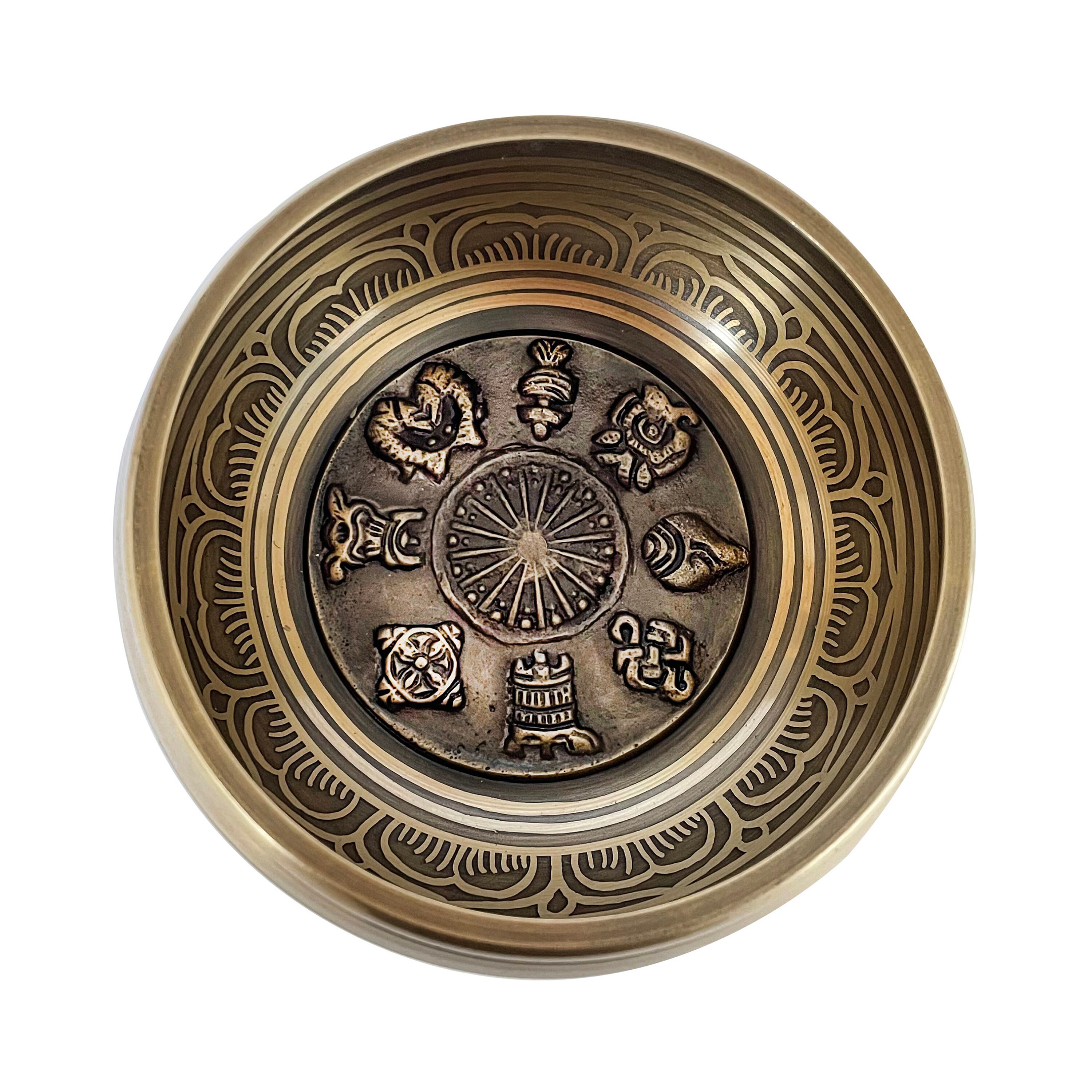 Bol Chantant Tibétain Astamangala, Mantra et Symboles 11.5cm