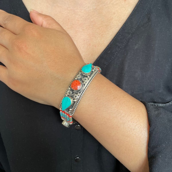 Bracelet ethnique Tibétain Turquoise et Corail - Népal