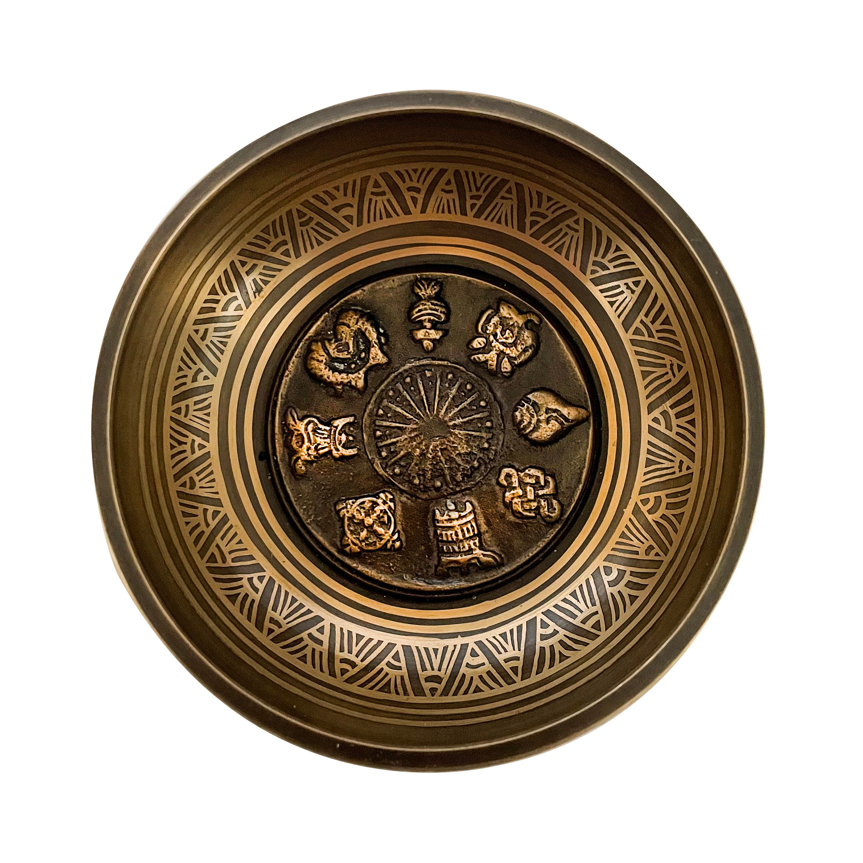 Bol Chantant Tibétain Astamangala, Mantra et Symboles 12.5cm
