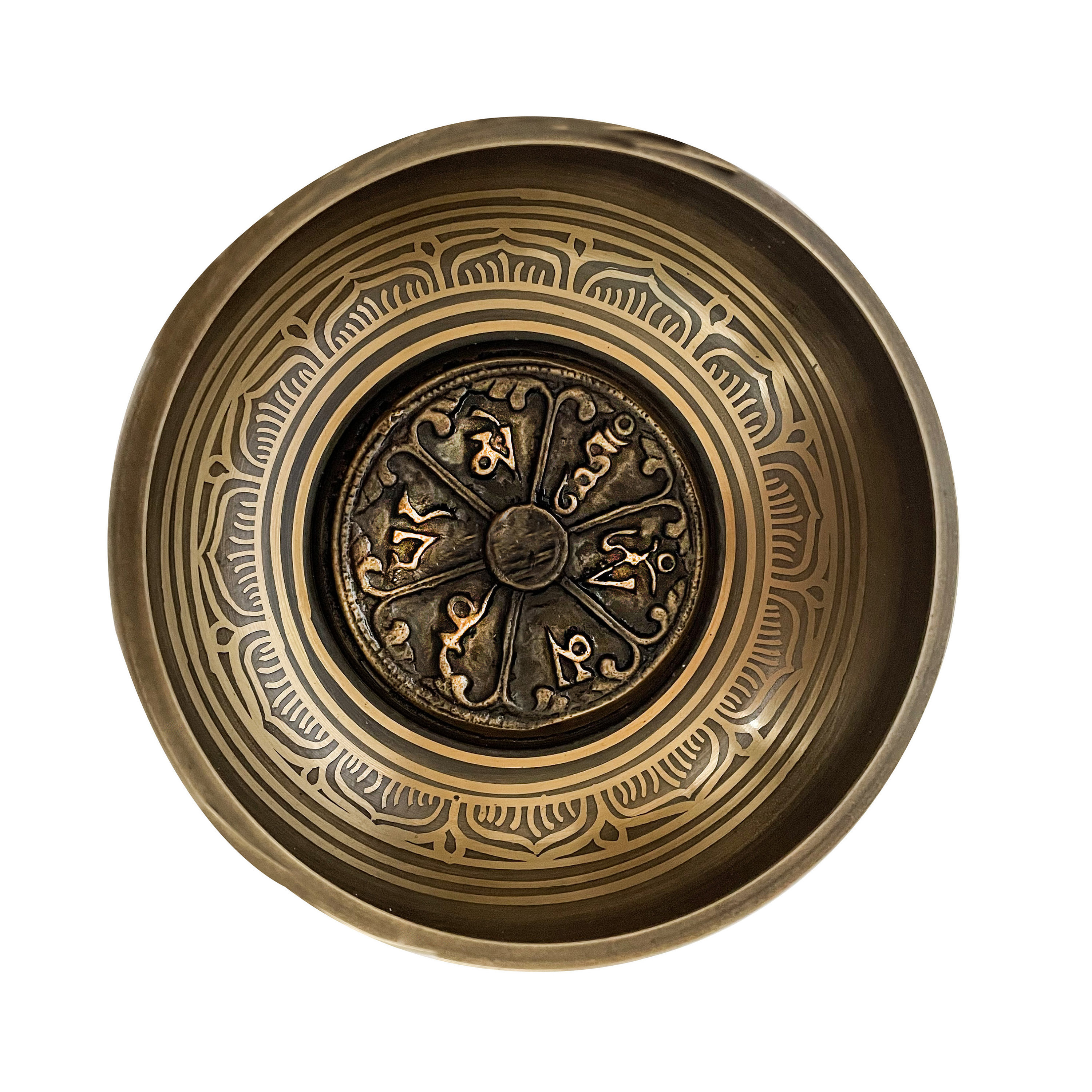 Bol Chantant Tibétain Mantra Om Mani Padme Hum et Symboles 12.5cm