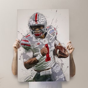 Justin Fields Poster - Ohio State Buckeyes - Canvas, Banner, Football Fan, Kids Wall Decor, Man Cave Gift , Art, Paint Splash Sport Art