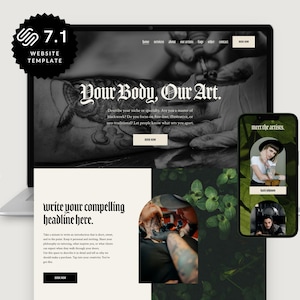 Könnte beinhalten: Eine Website-Vorlage für Tätowierer mit einem Schwarzweißbild eines Tattoos auf einem Arm, dem Text "Your Body, Our Art." und einem Call-to-Action-Button mit der Aufschrift "Book Now". Die Website enthält auch einen Bereich für Künstler mit einem Foto einer Frau mit einem Tattoo auf dem Arm.