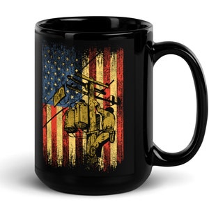 Lineman American flag mug, lineman gift, lineman cup, coffee mug, Black Mug