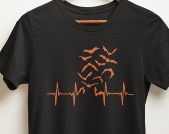 Bat shirt, Heartbeat bats orange shirt, Halloween bat shirt, bat lover gift, bat pulse shirt, trendy Halloween tshirt