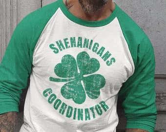 Coordinador de Shenanigans camisa raglán de manga 3/4, camisa raglán del día de San Patricio, camisa raglán del día de San Patricio, camisa de trébol