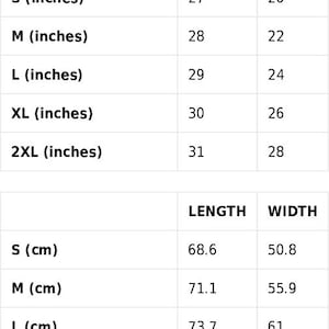 Puede incluir: Una tabla de gu&iacute;a de tallas con medidas de ropa. Las tallas van de S a 2XL. Las longitudes var&iacute;an de 68,6 cm a 78,7 cm, y los anchos de 50,8 cm a 71,1 cm. Las medidas tambi&eacute;n se proporcionan en pulgadas.