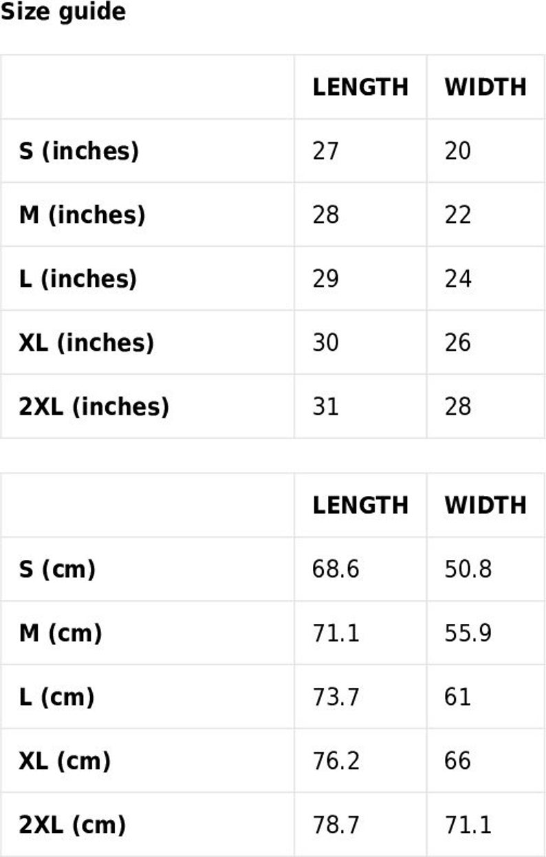 Puede incluir: Una tabla de gu&iacute;a de tallas con medidas de ropa. Las tallas van de S a 2XL. Las longitudes var&iacute;an de 68,6 cm a 78,7 cm, y los anchos de 50,8 cm a 71,1 cm. Las medidas tambi&eacute;n se proporcionan en pulgadas.