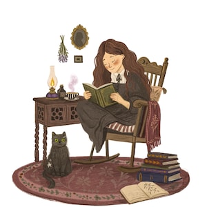 May include: An illustration of a person with long brown hair sitting in a wooden rocking chair reading a green book. A black cat sits nearby on a round rug. A side table holds a lit oil lamp, a small bottle, and a steaming cup of tea.
