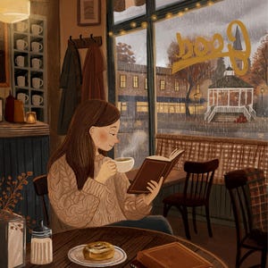 May include: A digital illustration of a person in a beige cable-knit jumper sitting at a wooden table, reading a book and holding a steaming mug. On the table are two stacked books, a pastry on a plate, and a sugar dispenser. The word Good is written on the window, which overlooks a rainy town square with a gazebo.