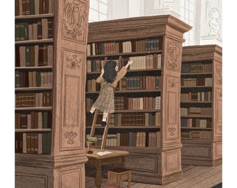 Puede incluir: Ilustración de un interior de biblioteca con estanterías altas y ornamentadas llenas de libros. Una persona en una escalera alcanza un libro. Un escritorio pequeño y un taburete están en primer plano. La paleta de colores es apagada con tonos marrones y beige.