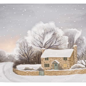 May include: A small stone cottage with a snow-covered roof sits on a snowy hill. The cottage has a green door and windows, and smoke is coming from the chimney. The trees in the background are covered in snow and the sky is a light gray.