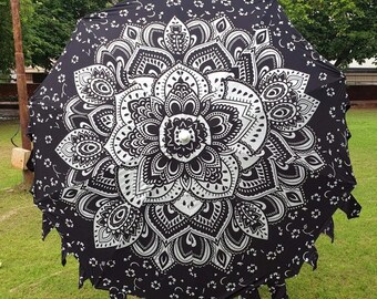 Ombrello decorativo indiano fatto a mano, ombrelloni da giardino, ombrellone da patio 72, colore bianco antico e nero, nuovo ombrellone da giardino con mandala e arte multipla