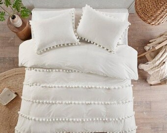 Natürlicher reiner Baumwoll-Bettbezug mit Pom-Pom 2-teilig Boho Bettbezug Gewaschene Baumwolle UO Bedding Doona Quilt Bettbezug Alle Größen