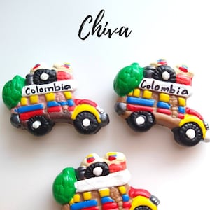 Colombia magnet art, colombian souvenir, colombian miniature food arepas empanadas, colombian map, colombia chiva fridge magnet