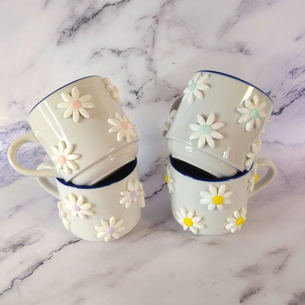 Daisy Mug, mug with flowers, Handmade floral mug for women, Polymer Clay Mug, minimalist mug gift, Ceramic coffee mug,Mother Day Gift