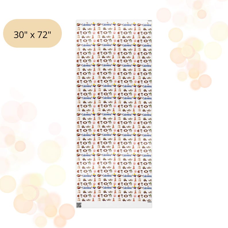 May include: A rectangular fabric with a repeating pattern of small illustrations and the word "Colombia". The fabric measures 30 inches by 72 inches.
